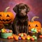 Young puppy around, candy and jack-o-lantern pumpkins, a Halloween image