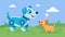 A young puppy barks and plays with its AI pet companion a larger and more advanced version of itself on a grassy field