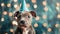 Young puppy dog in party hat on a blue background with a bunch of lights behind it.