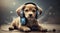 Young puppy listening to music on a head set