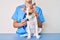 Young puppy at the veterinarian going to health checkup, professional examining dog using stethoscope