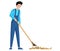 Young rancher, farm worker standing with rake. Seasonal farming, gardening, leaves cleaning