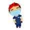 Young rapper man in a medical, mask, red bandana, closed eyes in a dark blue t-short with stripes, jeans and shoes