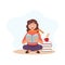 Young reading woman character with books and cup of coffee.Education illustration