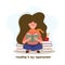 Young reading woman character with books and cup of coffee.Education illustration