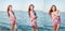 Young red hair girl in multicolored blouse posing on the beach. Sensual attractive woman with long hair, summer shot at sea