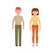 Young red hair man in green pants and brown hair woman in orange pants vector illustration. Front view cartoon character set