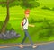 Young red-haired man in glasses with backpack traveling alone, smiling guy walking at road