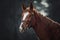 Young red trakehner mare horse with bridle in dark forest