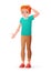 Young redhead boy scratching head shrugging shoulders. Isolated vector illustration.