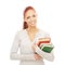 A young redhead Caucasian woman holding books