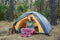 Young redhead girl with close eyes sitting in yellow grey tent, relaxing, enjoying nature in autumn forest