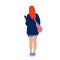 A young redhead student girl walks with headphones & a smartphone in casual wear