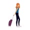 Young redhead tourist girl in a tshirt and pants travels with luggage and a suitcase on wheels.