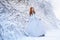 Young redhead woman, a princess, walks in a winter forest in a blue dress.