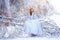 Young redhead woman, a princess, walks in a winter forest in a blue dress.