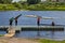 Young rowers take kayaks off water after training, Polotsk, Bela