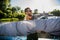 Young sailor in sunglasses holds and moves main sail with both hands. He is happy and smiling. Young man is preparing