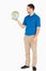 Young salesman holding globe in his palm