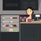 young saleswoman in uniform standing in coffee shop Vector.