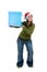 Young santa woman holding giant blue present box