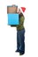 Young santa woman holding giant blue present box