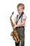 Young sax player on white