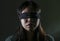 Young scared and blindfolded Asian Korean teenager girl lost and confused playing dangerous internet viral challenge on