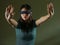 Young scared and blindfolded Asian Korean teenager girl lost and confused playing dangerous internet viral challenge on