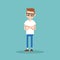 Young sceptical nerd crossing arms and tilting head / flat editable vector illustration