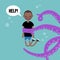 Young screaming character attacked by octopus / flat editable vector illustration, clip art