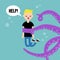 Young screaming character attacked by octopus / flat ve