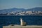 Young seagull perched and standing on sea stone wall in the background of the beach, buildings and the sea