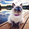 young seal-point ragdoll cat sitting beside a lake on a warm evening