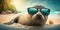 Young seal pup wearing sunglasses by the seashore, wide angle view