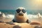 Young seal pup wearing sunglasses by the seashore, wide angle view