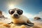 Young seal pup wearing sunglasses by the seashore, wide angle view