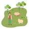 A young shepherd grazes sheep in a park or forest. Livestock and agriculture. Flat cartoon image