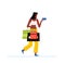 Young shopping woman holds packages and bank card from the store in her hands. The concept of a successful purchase and