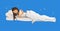 Young sleeping girl. Woman sleeping on white bed sheet and pillow. Vector Illustration isolated on blue.