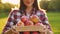 Young slim blurry woman in casual wear gives a wooden crate