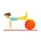 Young slim brunette woman exercising with an orange fitball. Colorful cartoon character