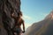 Young slim muscular woman rock climber climbing on tough sport route, back view. Generative AI