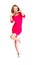 Young slim pretty woman dressing red dress posing isolated