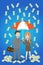 Young smiley couple with umbrella standing under money rain