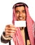 Young smiling arab showing business card in hand on whi