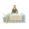 Young smiling architect working on his project at the desk, colorful character vector Illustration