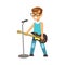 Young smiling boy playing guitar and singing with microphone. instrument, music lesson. Colorful character vector