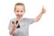 Young smiling caucasian boy with mobile phone shows thumbs up