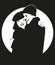 Young and smiling couple embracing wearing winter clothes, retro noir cinema comic style